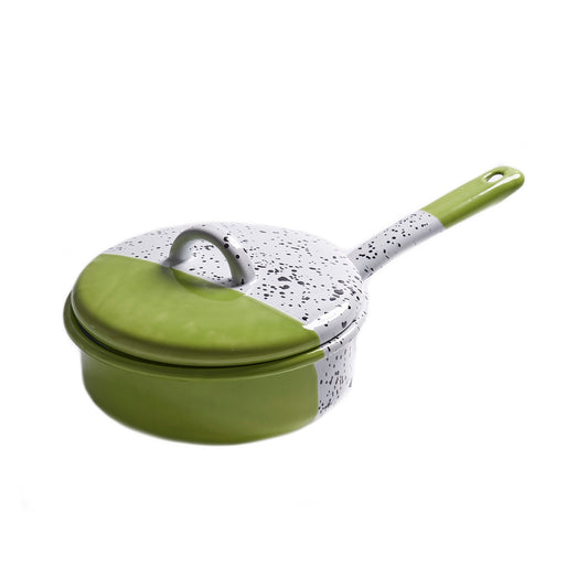 lime green and white speckled cookware set on a white background